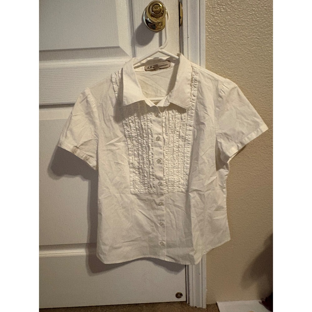 Itw by Claude Brown Blouse Womens 8 White Excellent Pleated Bib Short Sleeve